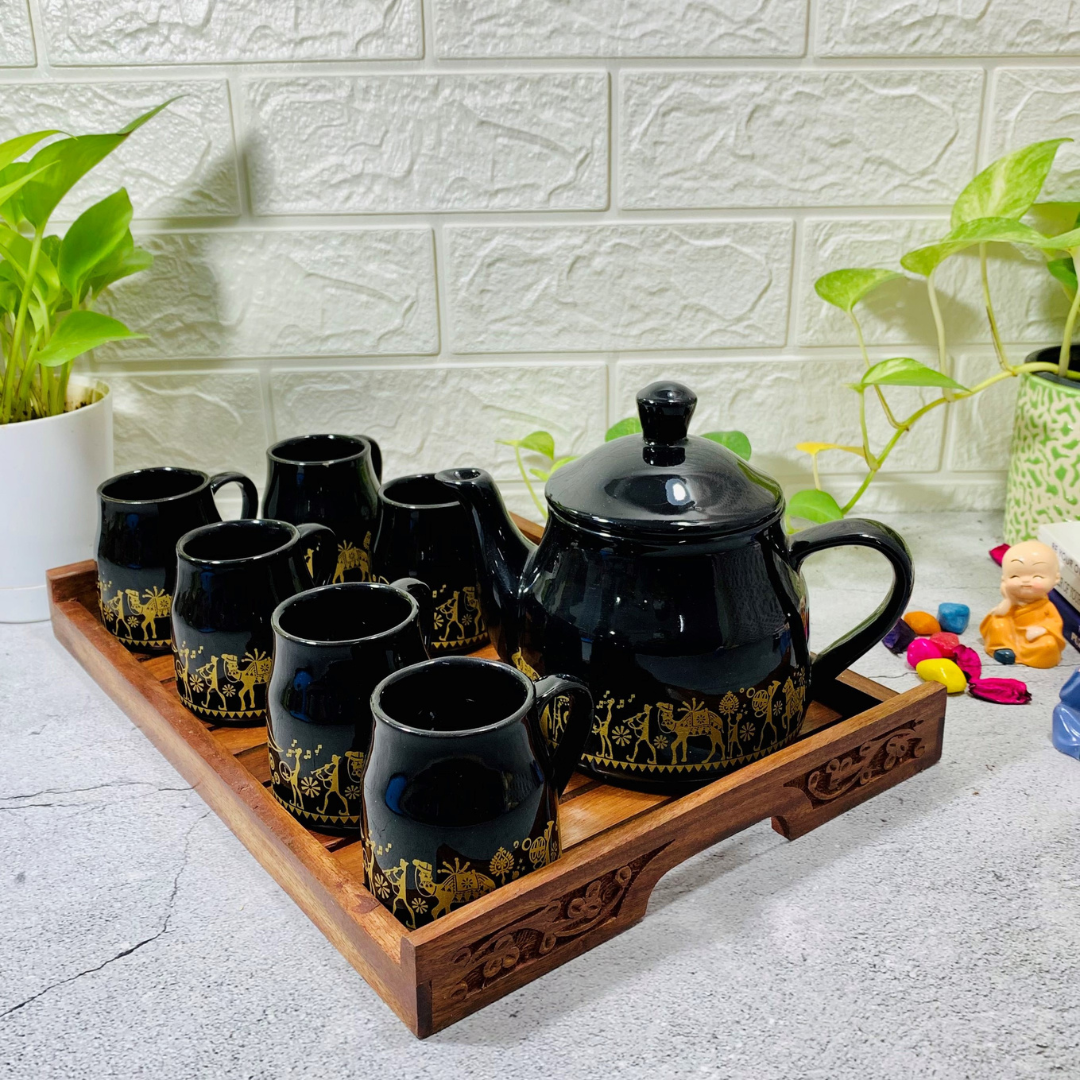 Homefrills Hand Painted Ceramic Tea Kettle Set with 6 Cups(150ml), 1 Kettle(600ml) & 1 Wooden Tray Good Morning Set- Set of 8 Colour-Black,Microwave Safe
